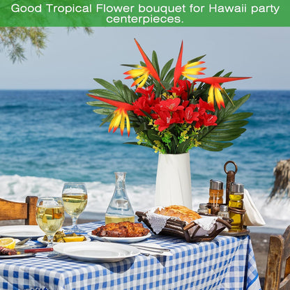 12 Set/ 48 Pcs Artificial Tropical Flower Bouquets Bulk for Hawaii Centerpieces Bird of Paradise Lily Bouquet Permanent Flower Tropical Plant Party Office Home Decor (Multiple Color)