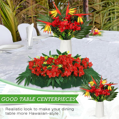 12 Set/ 48 Pcs Artificial Tropical Flower Bouquets Bulk for Hawaii Centerpieces Bird of Paradise Lily Bouquet Permanent Flower Tropical Plant Party Office Home Decor (Multiple Color)