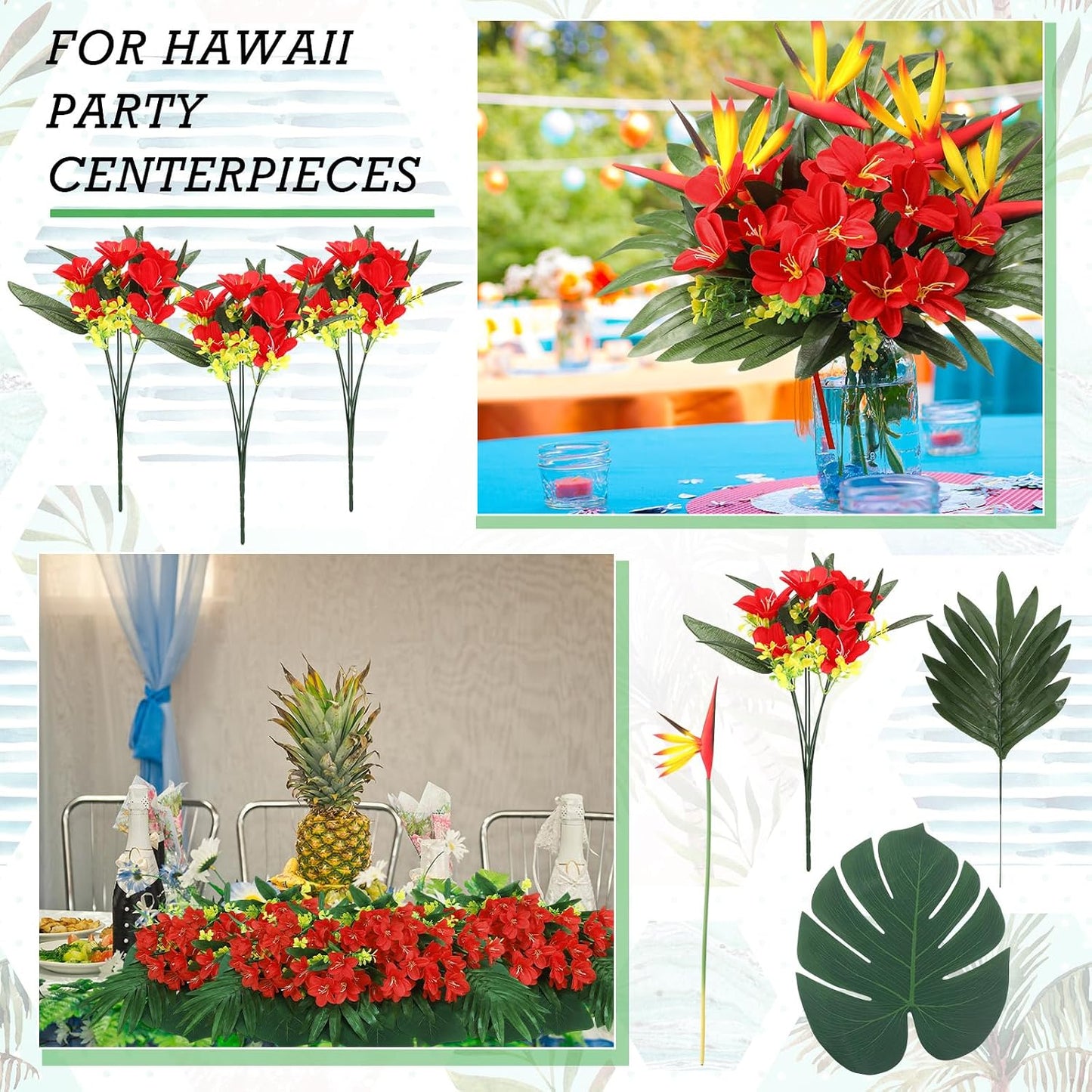 12 Set/ 48 Pcs Artificial Tropical Flower Bouquets Bulk for Hawaii Centerpieces Bird of Paradise Lily Bouquet Permanent Flower Tropical Plant Party Office Home Decor (Multiple Color)