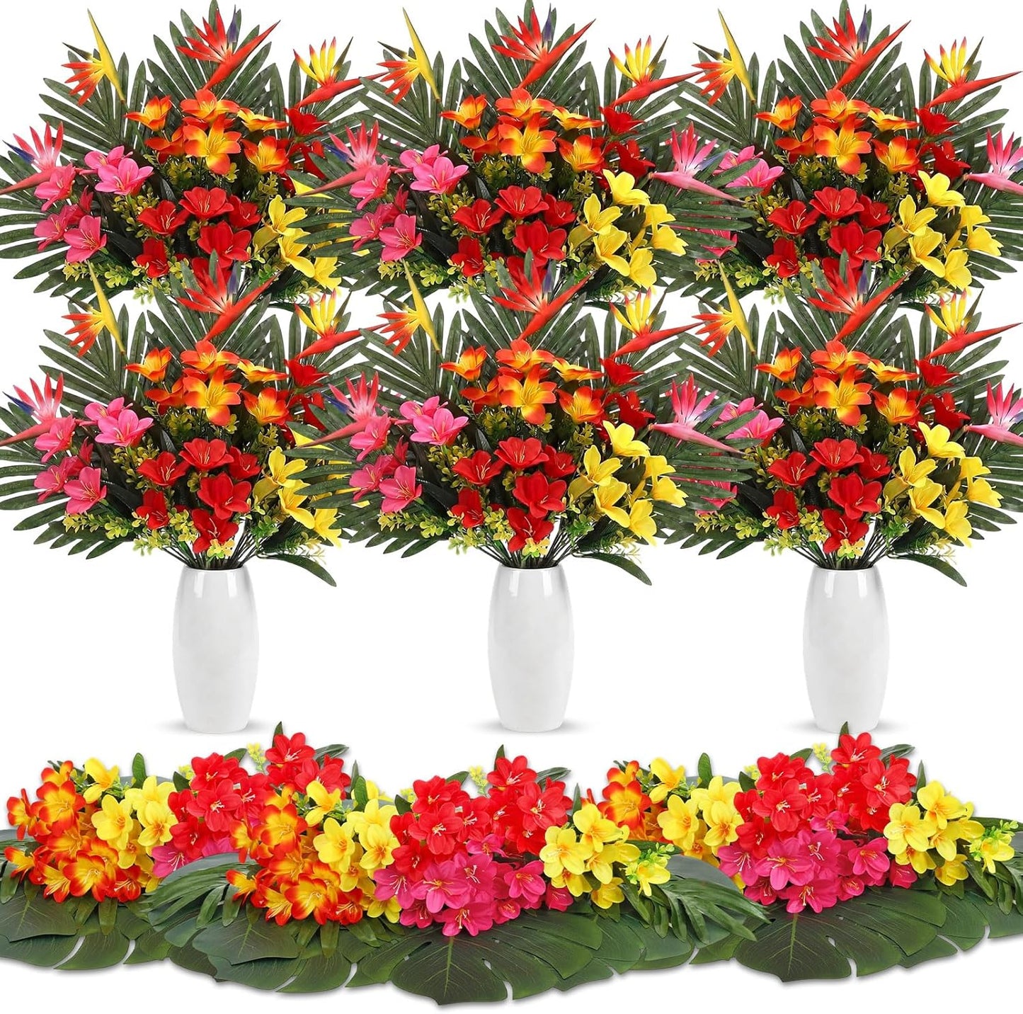 12 Set/ 48 Pcs Artificial Tropical Flower Bouquets Bulk for Hawaii Centerpieces Bird of Paradise Lily Bouquet Permanent Flower Tropical Plant Party Office Home Decor (Multiple Color)
