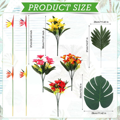 12 Set/ 48 Pcs Artificial Tropical Flower Bouquets Bulk for Hawaii Centerpieces Bird of Paradise Lily Bouquet Permanent Flower Tropical Plant Party Office Home Decor (Multiple Color)