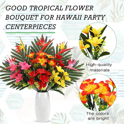 12 Set/ 48 Pcs Artificial Tropical Flower Bouquets Bulk for Hawaii Centerpieces Bird of Paradise Lily Bouquet Permanent Flower Tropical Plant Party Office Home Decor (Multiple Color)
