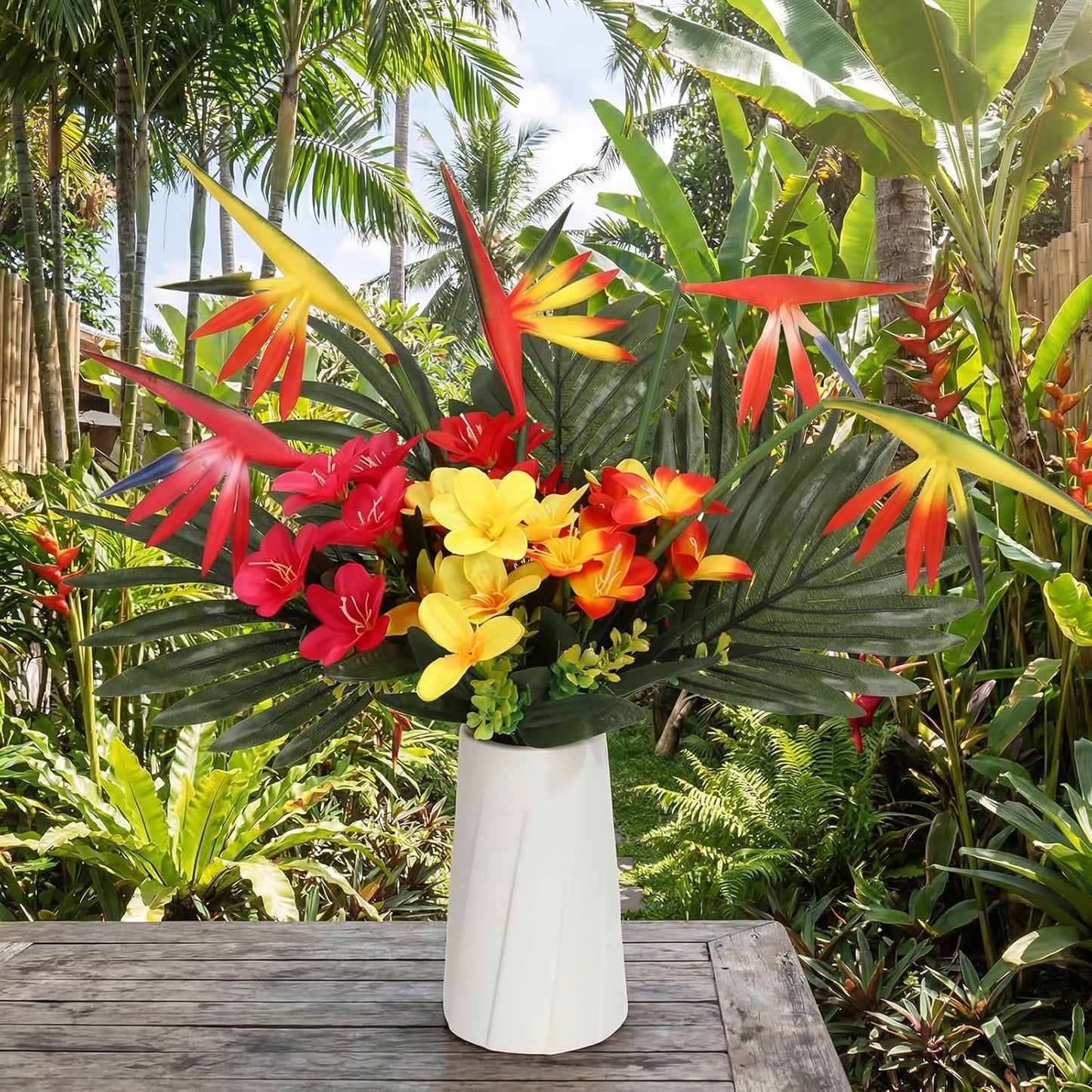 12 Set/ 48 Pcs Artificial Tropical Flower Bouquets Bulk for Hawaii Centerpieces Bird of Paradise Lily Bouquet Permanent Flower Tropical Plant Party Office Home Decor (Multiple Color)