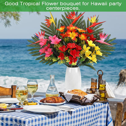 12 Set/ 48 Pcs Artificial Tropical Flower Bouquets Bulk for Hawaii Centerpieces Bird of Paradise Lily Bouquet Permanent Flower Tropical Plant Party Office Home Decor (Multiple Color)