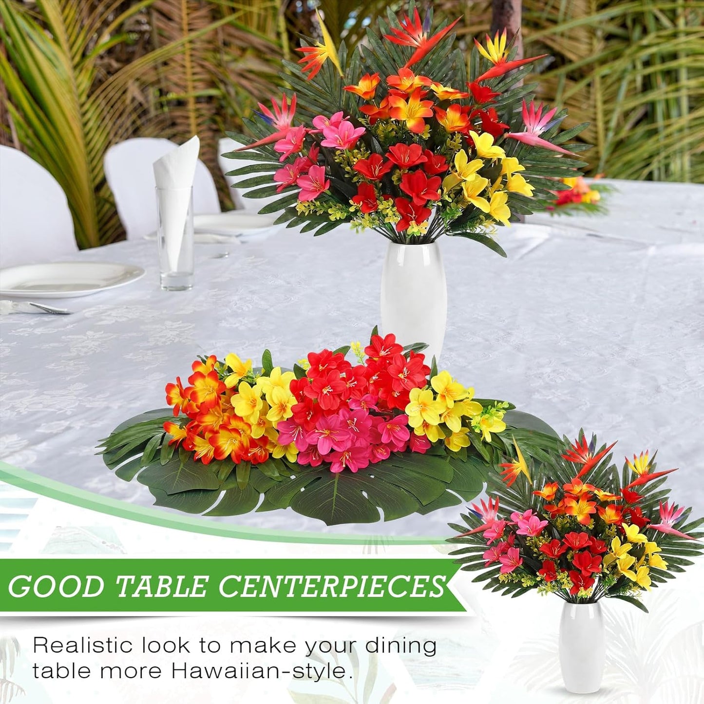 12 Set/ 48 Pcs Artificial Tropical Flower Bouquets Bulk for Hawaii Centerpieces Bird of Paradise Lily Bouquet Permanent Flower Tropical Plant Party Office Home Decor (Multiple Color)