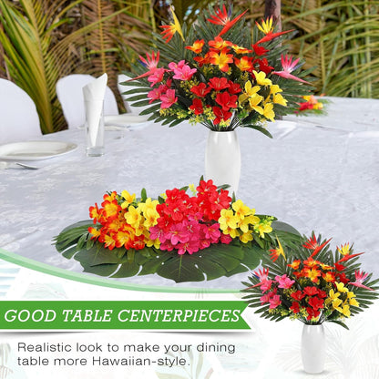 12 Set/ 48 Pcs Artificial Tropical Flower Bouquets Bulk for Hawaii Centerpieces Bird of Paradise Lily Bouquet Permanent Flower Tropical Plant Party Office Home Decor (Multiple Color)