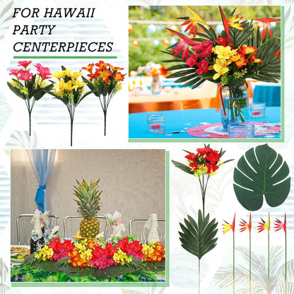 12 Set/ 48 Pcs Artificial Tropical Flower Bouquets Bulk for Hawaii Centerpieces Bird of Paradise Lily Bouquet Permanent Flower Tropical Plant Party Office Home Decor (Multiple Color)