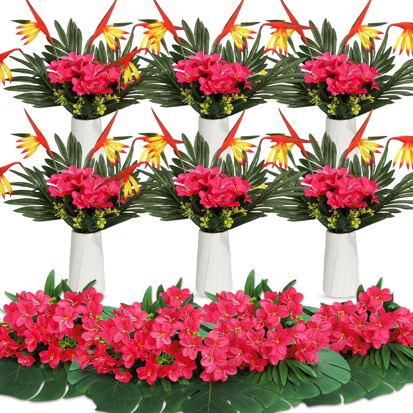 12 Set/ 48 Pcs Artificial Tropical Flower Bouquets Bulk for Hawaii Centerpieces Bird of Paradise Lily Bouquet Permanent Flower Tropical Plant Party Office Home Decor (Multiple Color)
