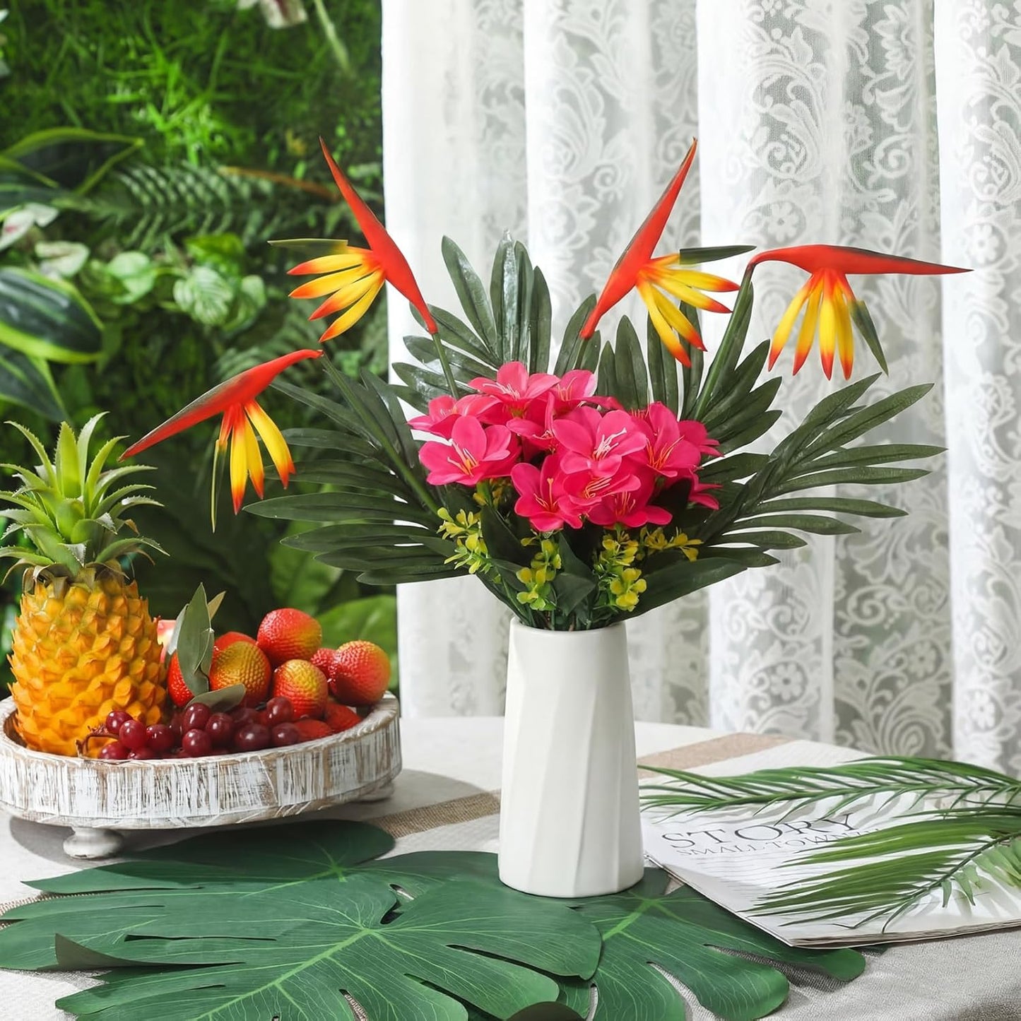 12 Set/ 48 Pcs Artificial Tropical Flower Bouquets Bulk for Hawaii Centerpieces Bird of Paradise Lily Bouquet Permanent Flower Tropical Plant Party Office Home Decor (Multiple Color)