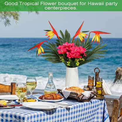 12 Set/ 48 Pcs Artificial Tropical Flower Bouquets Bulk for Hawaii Centerpieces Bird of Paradise Lily Bouquet Permanent Flower Tropical Plant Party Office Home Decor (Multiple Color)