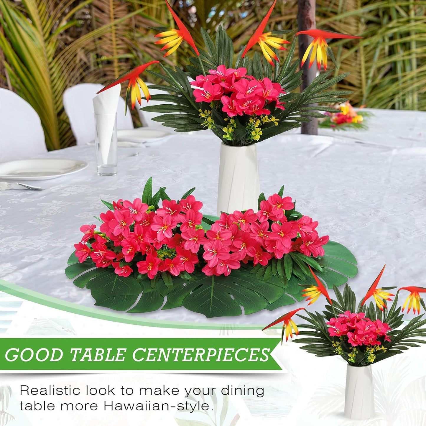 12 Set/ 48 Pcs Artificial Tropical Flower Bouquets Bulk for Hawaii Centerpieces Bird of Paradise Lily Bouquet Permanent Flower Tropical Plant Party Office Home Decor (Multiple Color)
