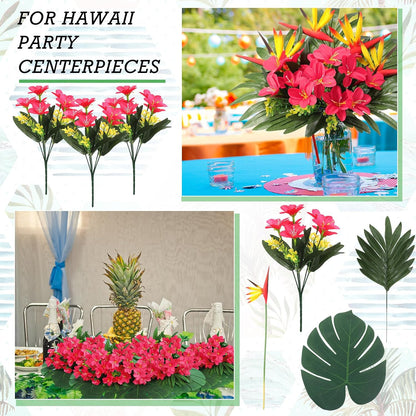 12 Set/ 48 Pcs Artificial Tropical Flower Bouquets Bulk for Hawaii Centerpieces Bird of Paradise Lily Bouquet Permanent Flower Tropical Plant Party Office Home Decor (Multiple Color)