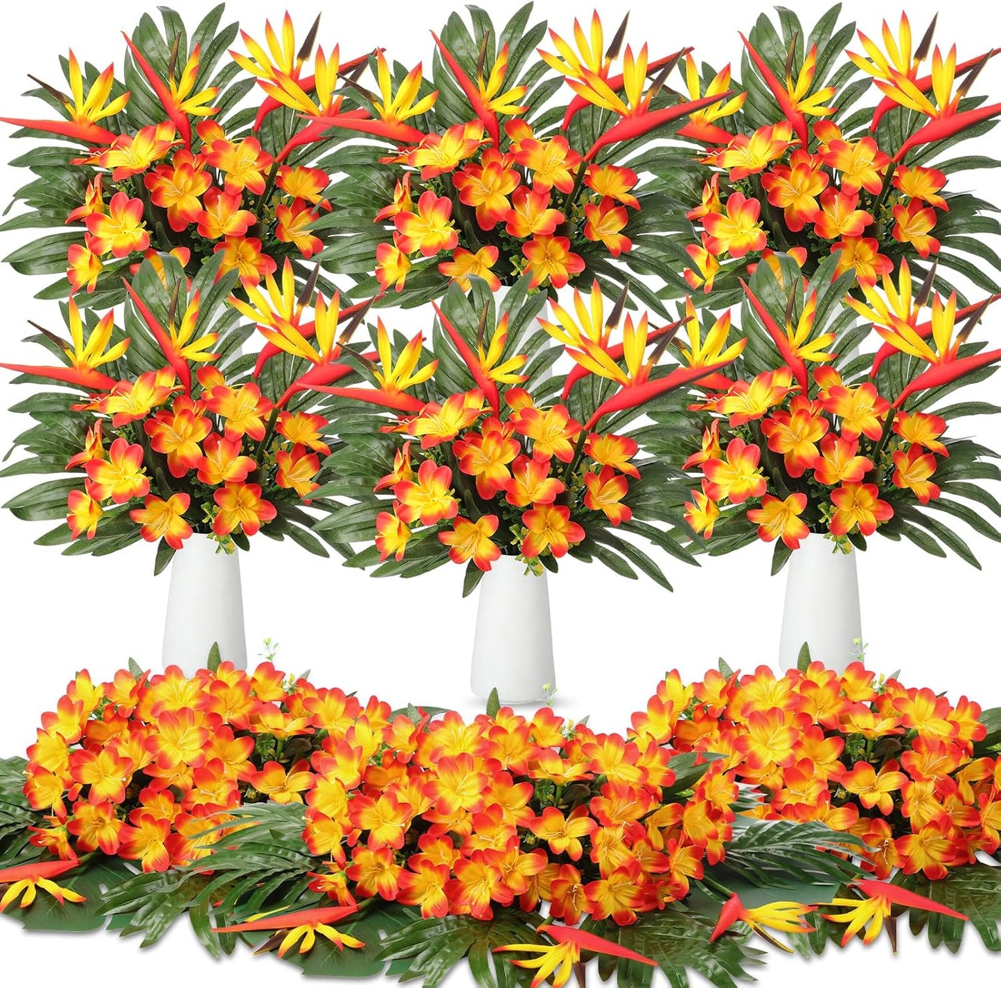 12 Set/ 48 Pcs Artificial Tropical Flower Bouquets Bulk for Hawaii Centerpieces Bird of Paradise Lily Bouquet Permanent Flower Tropical Plant Party Office Home Decor (Multiple Color)