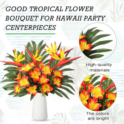 12 Set/ 48 Pcs Artificial Tropical Flower Bouquets Bulk for Hawaii Centerpieces Bird of Paradise Lily Bouquet Permanent Flower Tropical Plant Party Office Home Decor (Multiple Color)