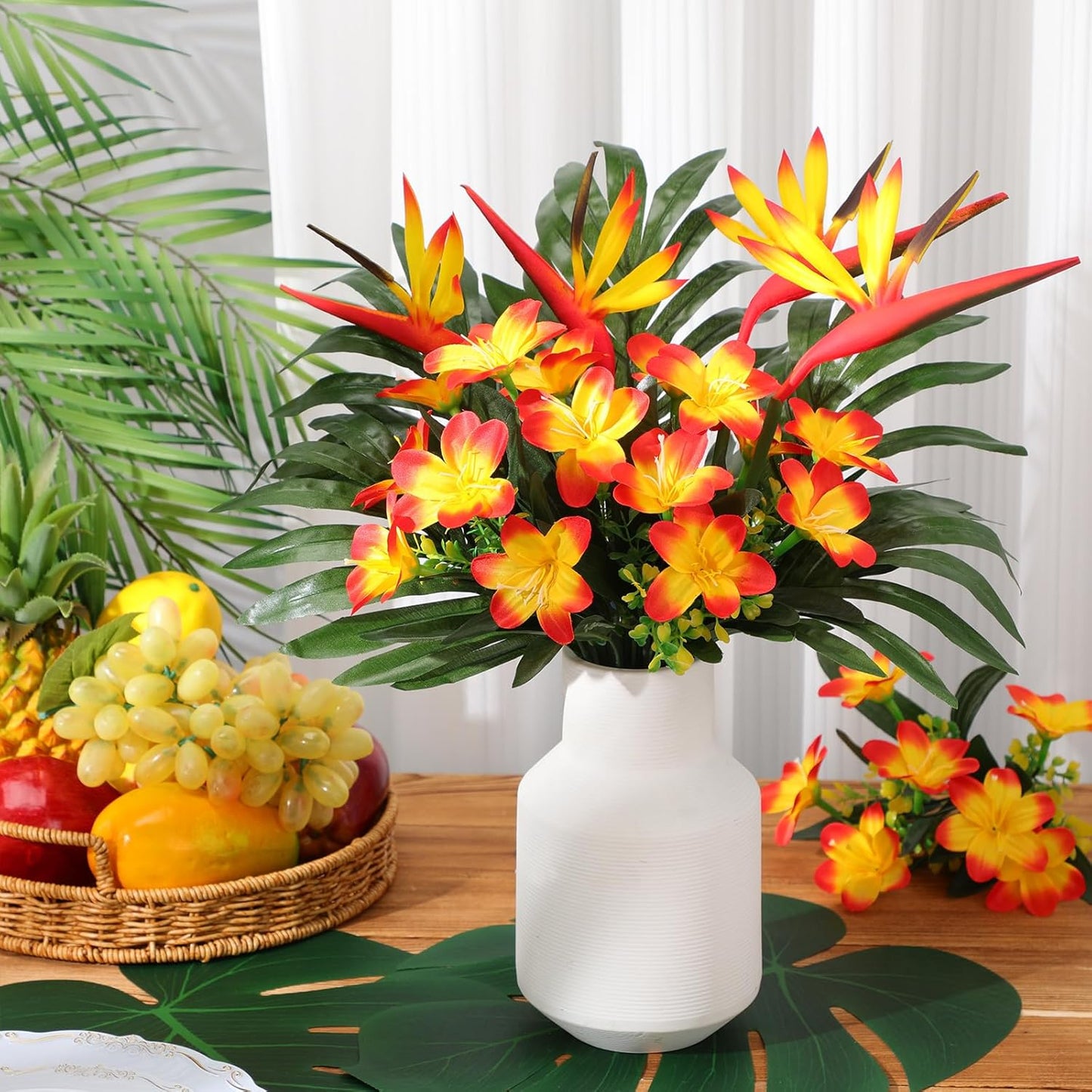 12 Set/ 48 Pcs Artificial Tropical Flower Bouquets Bulk for Hawaii Centerpieces Bird of Paradise Lily Bouquet Permanent Flower Tropical Plant Party Office Home Decor (Multiple Color)