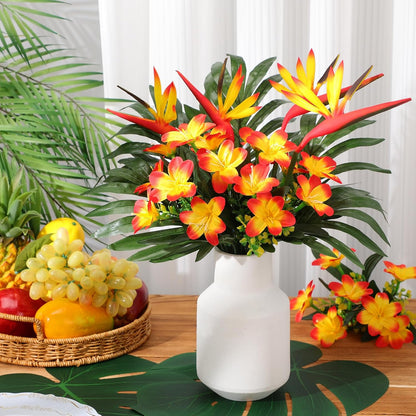 12 Set/ 48 Pcs Artificial Tropical Flower Bouquets Bulk for Hawaii Centerpieces Bird of Paradise Lily Bouquet Permanent Flower Tropical Plant Party Office Home Decor (Multiple Color)