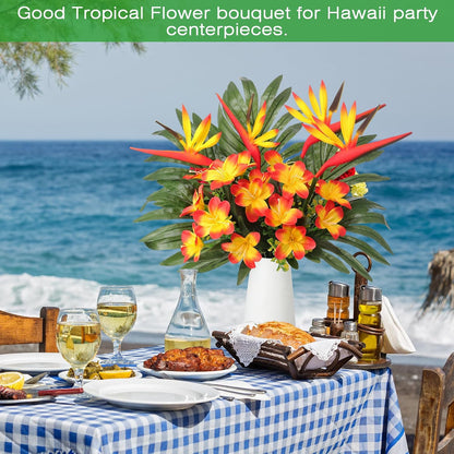 12 Set/ 48 Pcs Artificial Tropical Flower Bouquets Bulk for Hawaii Centerpieces Bird of Paradise Lily Bouquet Permanent Flower Tropical Plant Party Office Home Decor (Multiple Color)