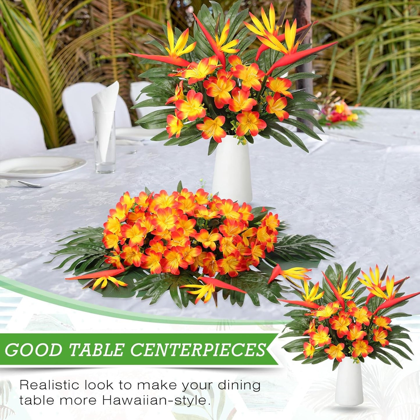 12 Set/ 48 Pcs Artificial Tropical Flower Bouquets Bulk for Hawaii Centerpieces Bird of Paradise Lily Bouquet Permanent Flower Tropical Plant Party Office Home Decor (Multiple Color)