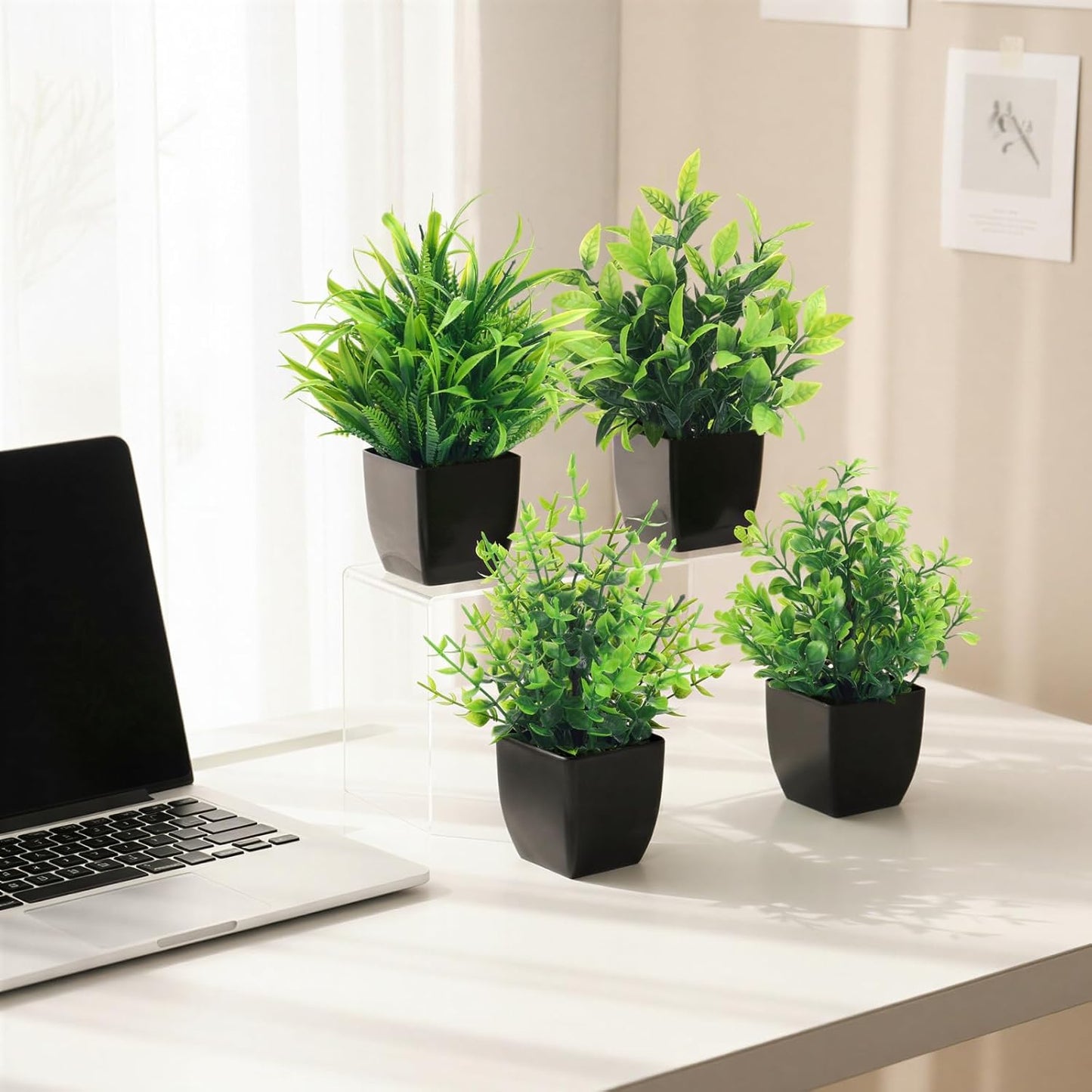 Fake Plants 4 Packs Small Faux Potted Flower Daisy with Eucalyptus Leaves Decorations for Desk Bathroom Office Home Room Table Decor Indoor Outdoor