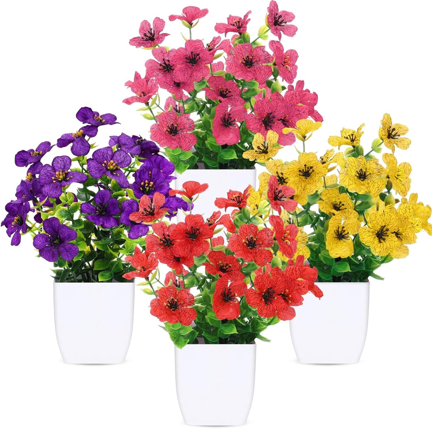 Fake Plants 4 Packs Small Faux Potted Flower Daisy with Eucalyptus Leaves Decorations for Desk Bathroom Office Home Room Table Decor Indoor Outdoor