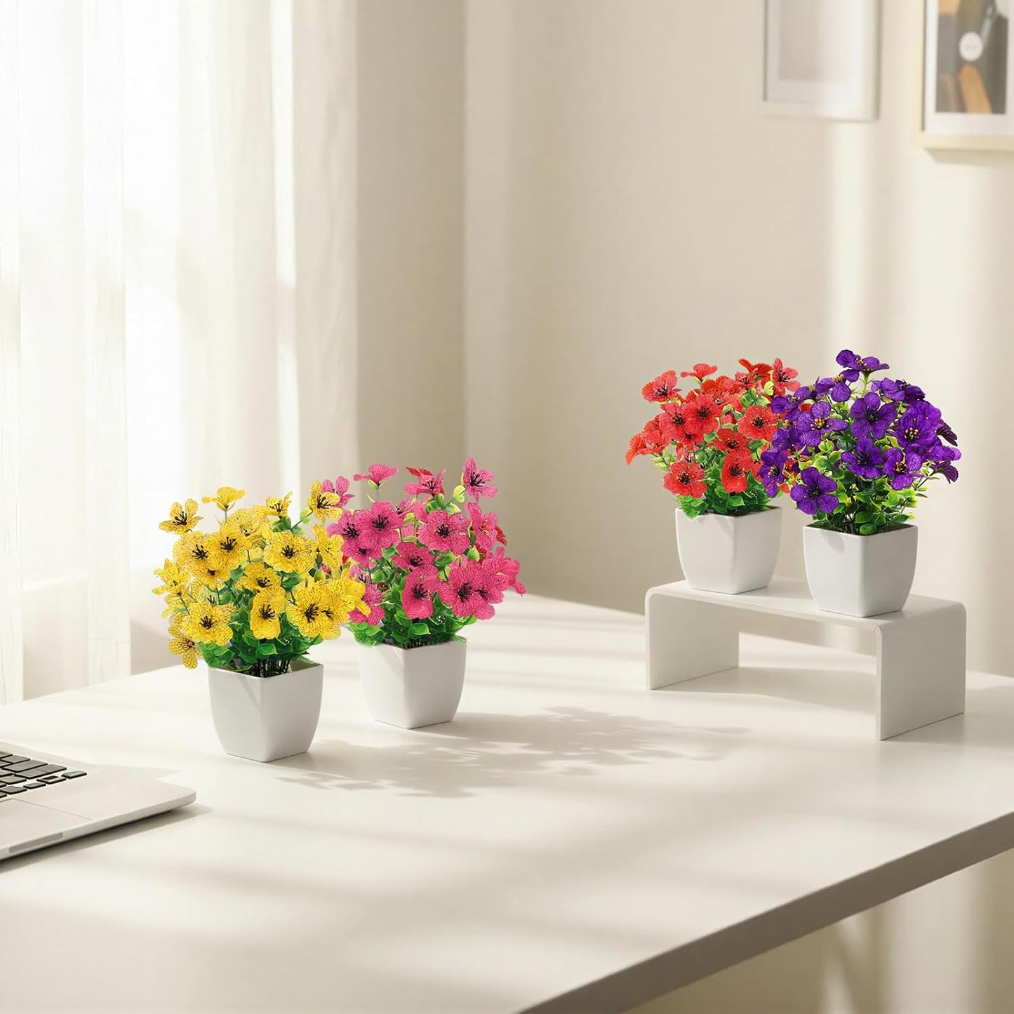 Fake Plants 4 Packs Small Faux Potted Flower Daisy with Eucalyptus Leaves Decorations for Desk Bathroom Office Home Room Table Decor Indoor Outdoor