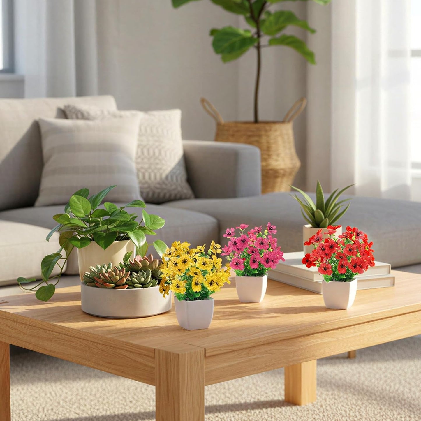 Fake Plants 4 Packs Small Faux Potted Flower Daisy with Eucalyptus Leaves Decorations for Desk Bathroom Office Home Room Table Decor Indoor Outdoor
