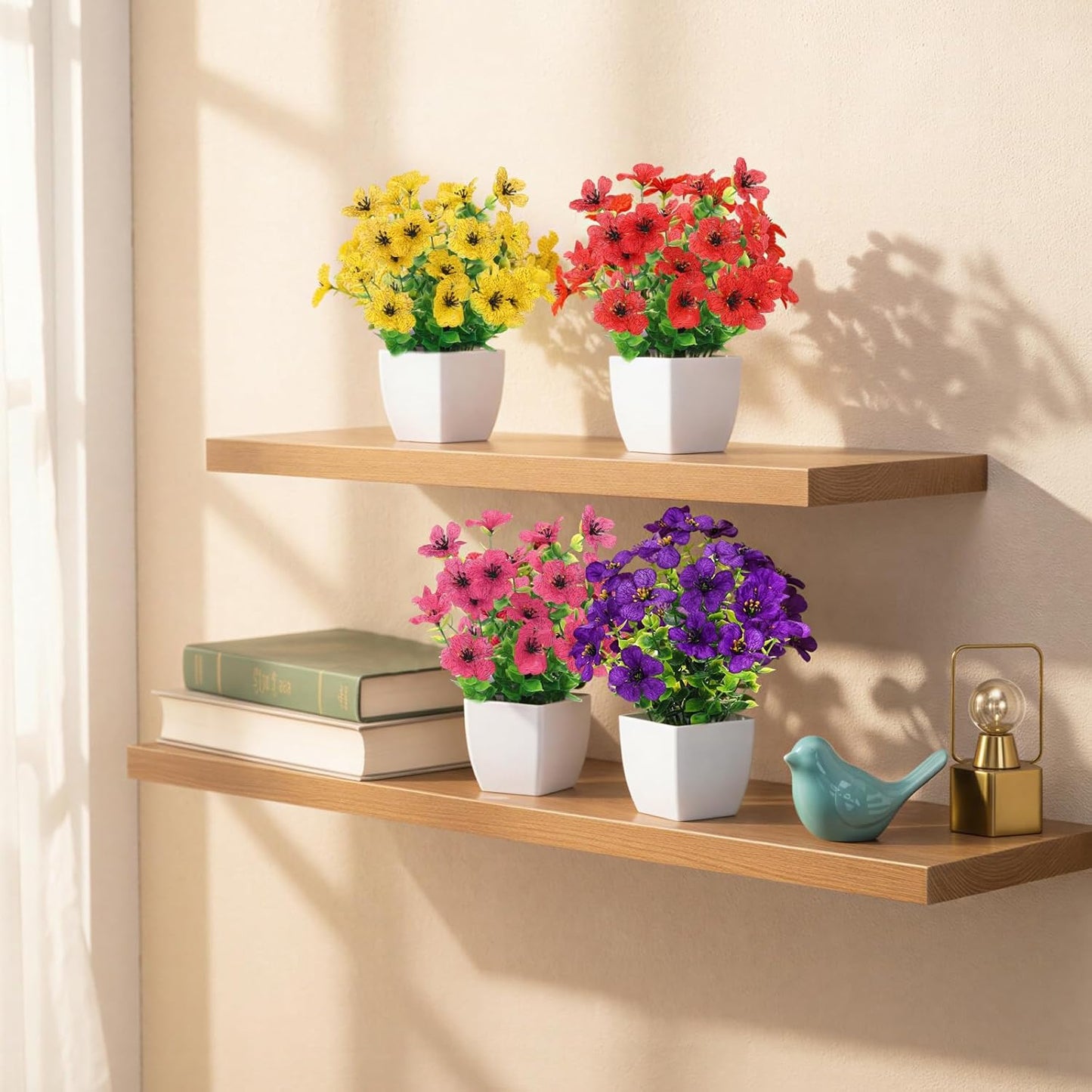 Fake Plants 4 Packs Small Faux Potted Flower Daisy with Eucalyptus Leaves Decorations for Desk Bathroom Office Home Room Table Decor Indoor Outdoor