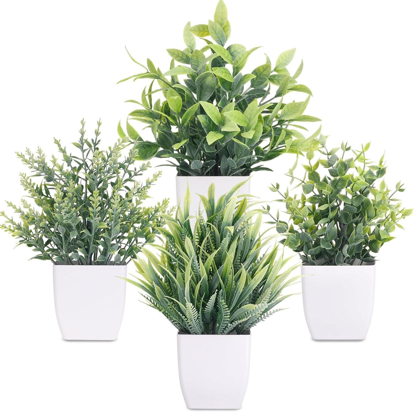 Fake Plants 4 Packs Small Faux Potted Flower Daisy with Eucalyptus Leaves Decorations for Desk Bathroom Office Home Room Table Decor Indoor Outdoor