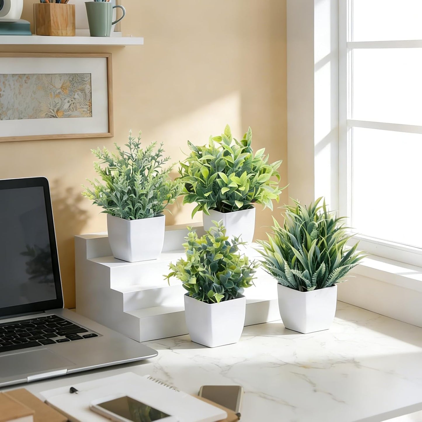 Fake Plants 4 Packs Small Faux Potted Flower Daisy with Eucalyptus Leaves Decorations for Desk Bathroom Office Home Room Table Decor Indoor Outdoor