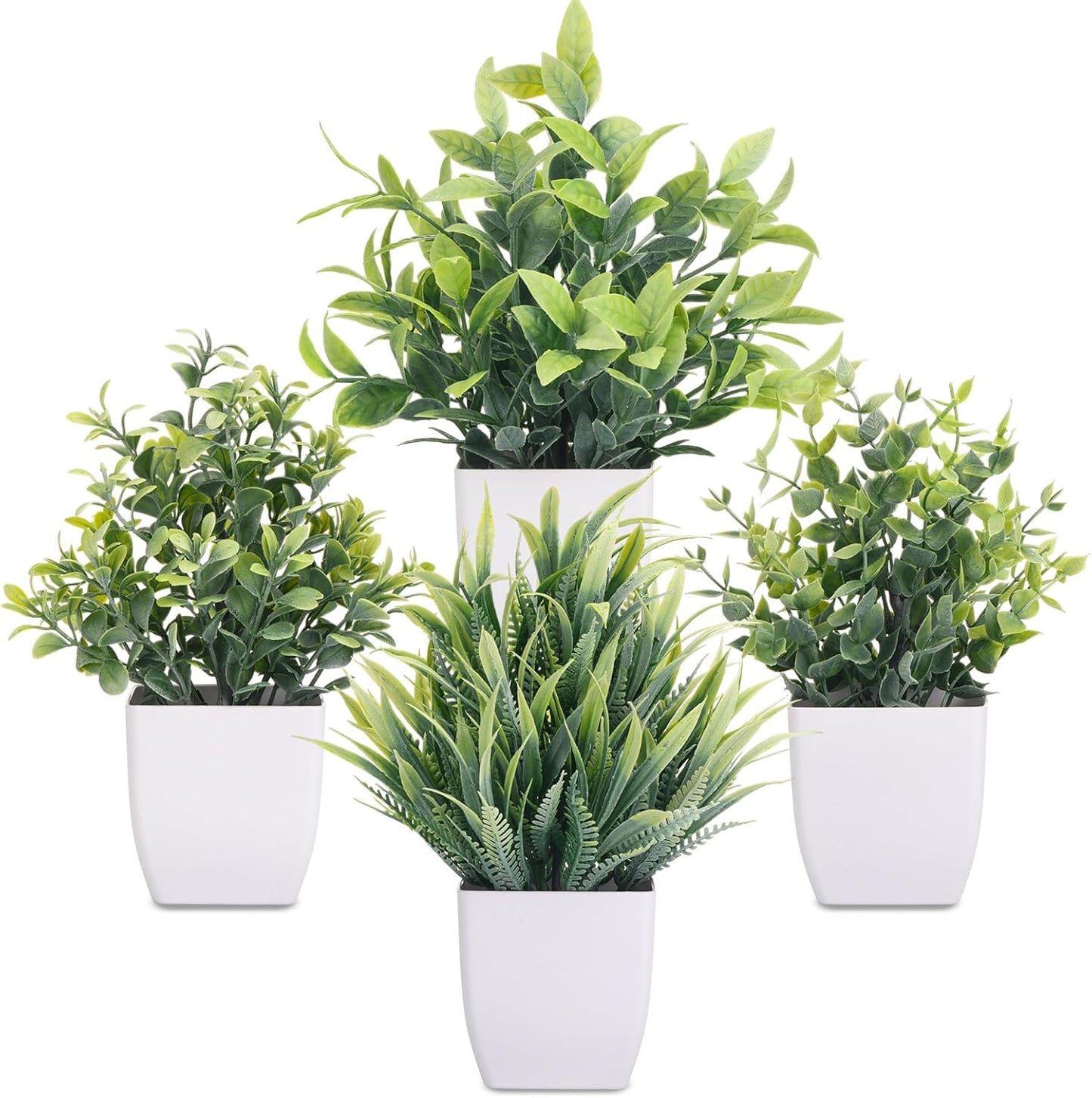 Fake Plants 4 Packs Small Faux Potted Flower Daisy with Eucalyptus Leaves Decorations for Desk Bathroom Office Home Room Table Decor Indoor Outdoor