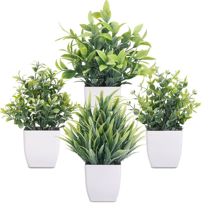 Fake Plants 4 Packs Small Faux Potted Flower Daisy with Eucalyptus Leaves Decorations for Desk Bathroom Office Home Room Table Decor Indoor Outdoor