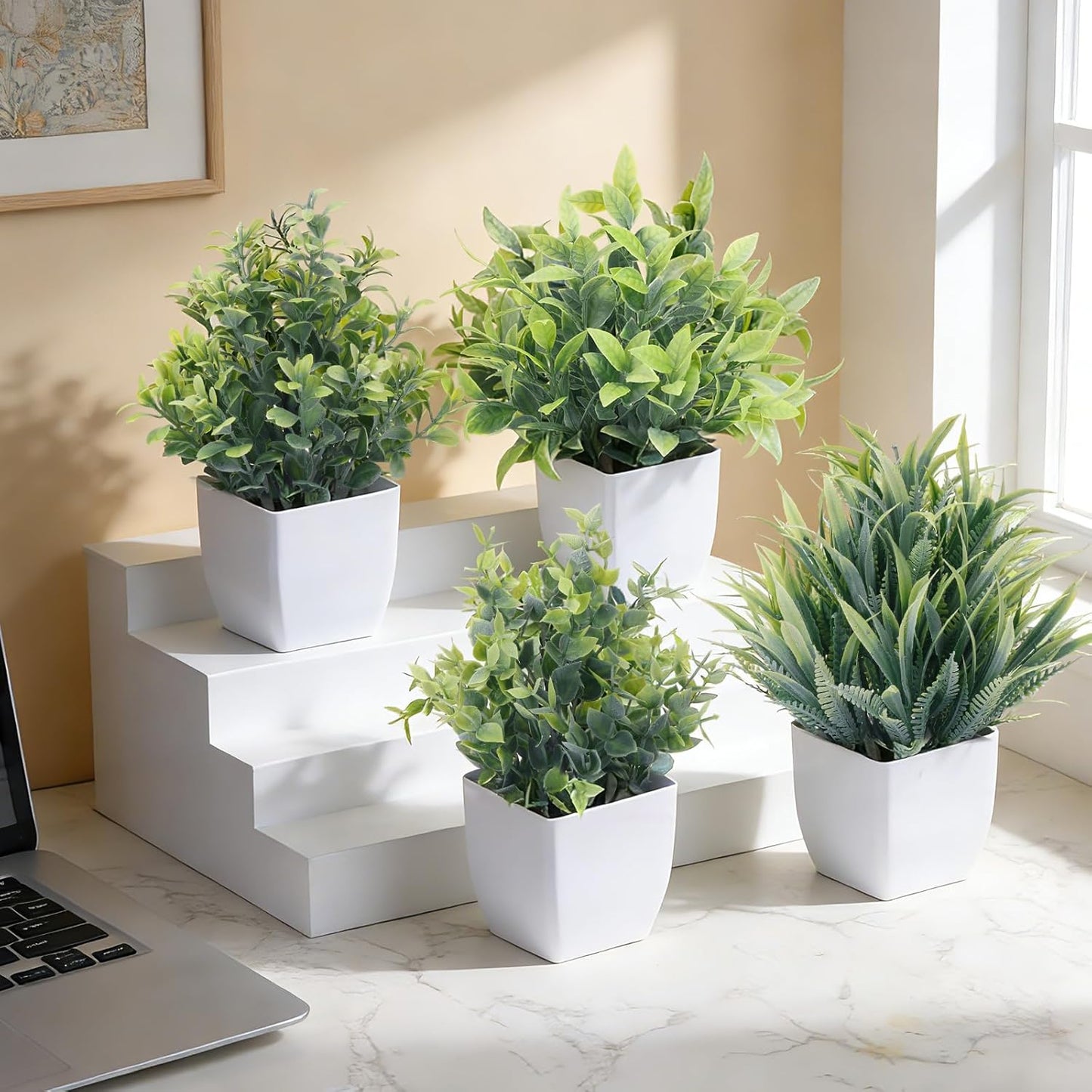Fake Plants 4 Packs Small Faux Potted Flower Daisy with Eucalyptus Leaves Decorations for Desk Bathroom Office Home Room Table Decor Indoor Outdoor