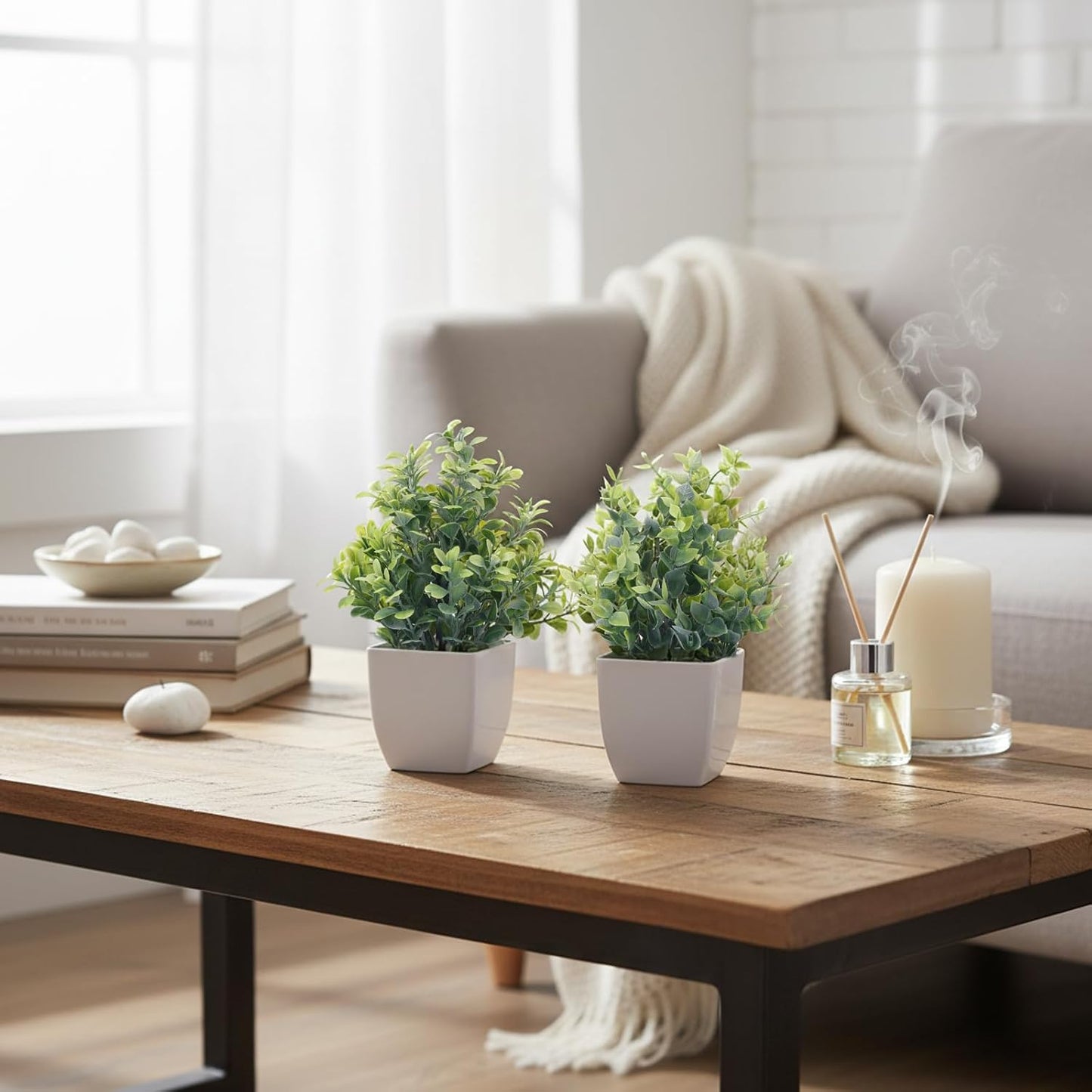 Fake Plants 4 Packs Small Faux Potted Flower Daisy with Eucalyptus Leaves Decorations for Desk Bathroom Office Home Room Table Decor Indoor Outdoor