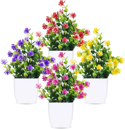 Fake Plants 4 Packs Small Faux Potted Flower Daisy with Eucalyptus Leaves Decorations for Desk Bathroom Office Home Room Table Decor Indoor Outdoor