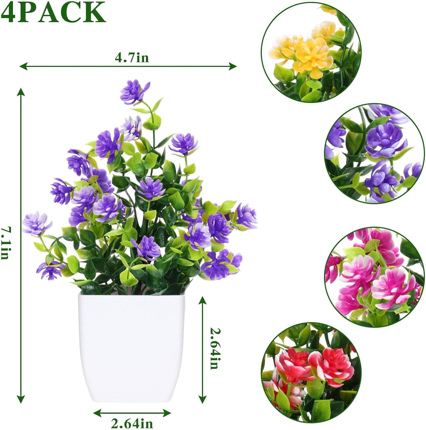 Fake Plants 4 Packs Small Faux Potted Flower Daisy with Eucalyptus Leaves Decorations for Desk Bathroom Office Home Room Table Decor Indoor Outdoor