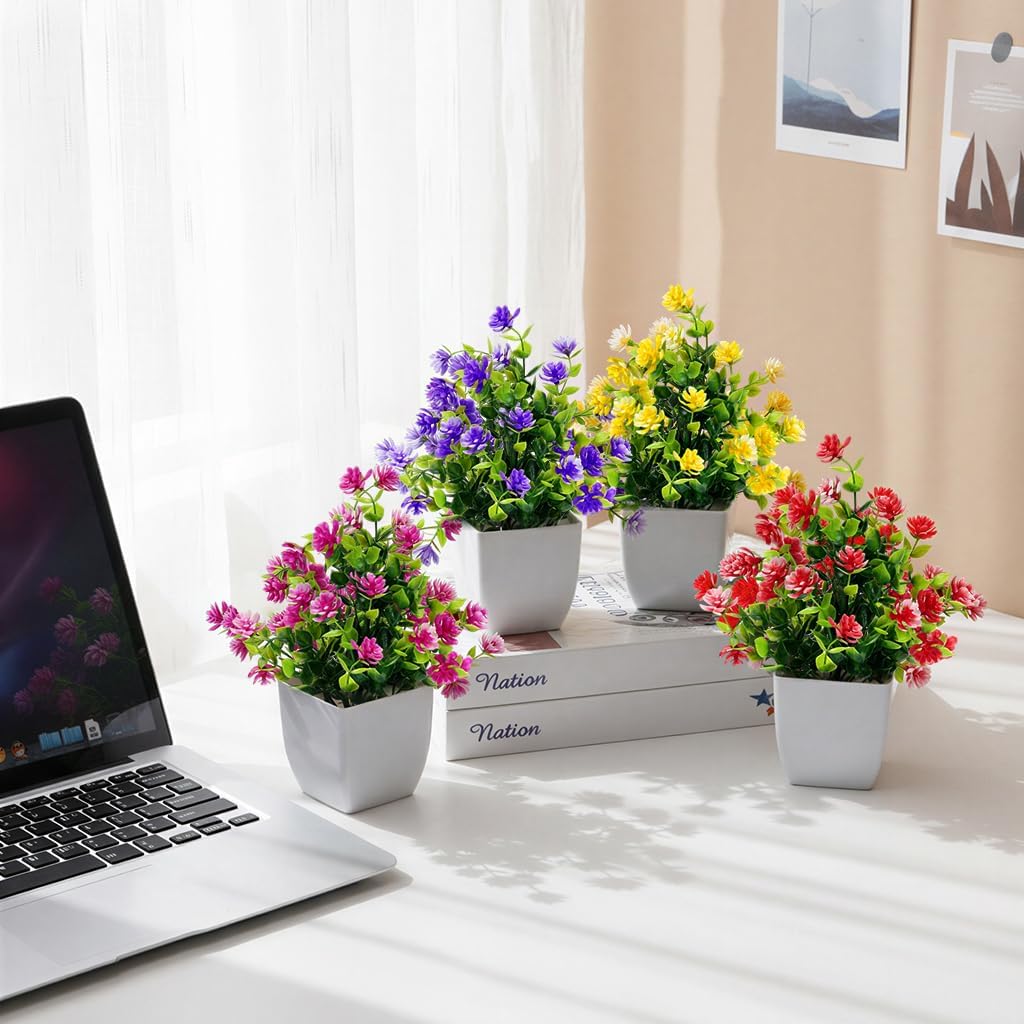 Fake Plants 4 Packs Small Faux Potted Flower Daisy with Eucalyptus Leaves Decorations for Desk Bathroom Office Home Room Table Decor Indoor Outdoor