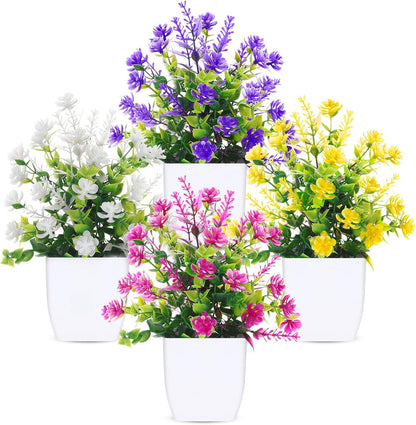 Fake Plants 4 Packs Small Faux Potted Flower Daisy with Eucalyptus Leaves Decorations for Desk Bathroom Office Home Room Table Decor Indoor Outdoor