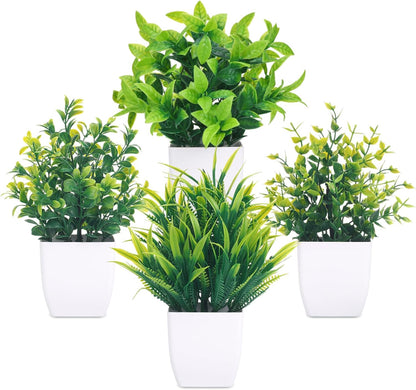 Fake Plants 4 Packs Small Faux Potted Flower Daisy with Eucalyptus Leaves Decorations for Desk Bathroom Office Home Room Table Decor Indoor Outdoor