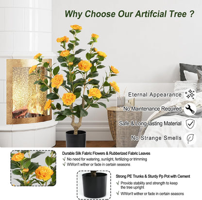 Artificial Camellia Tree 2 Pack - Realistic Camellia Plants in Pot with Orange Flowers, Lifelike Faux Greenery for Living Room, Patio, or Wedding, Orange