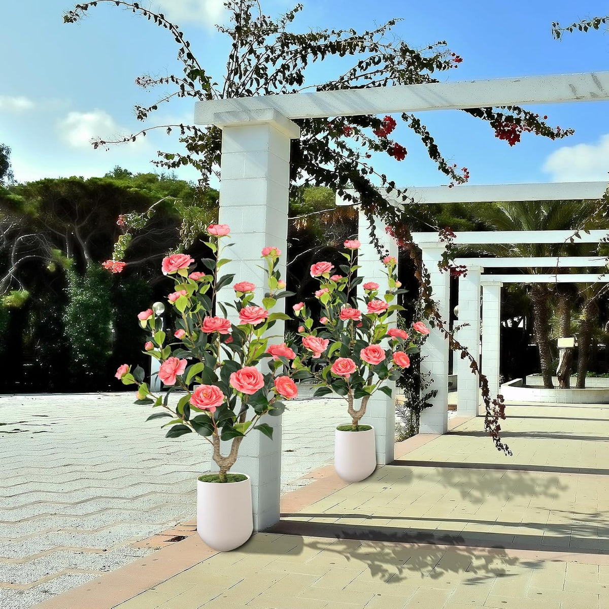 Artificial Camellia Tree 2 Pack - Realistic Camellia Plants in Pot with Orange Flowers, Lifelike Faux Greenery for Living Room, Patio, or Wedding, Orange