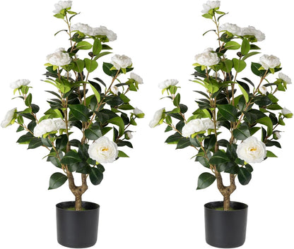 Artificial Camellia Tree 2 Pack - Realistic Camellia Plants in Pot with Orange Flowers, Lifelike Faux Greenery for Living Room, Patio, or Wedding, Orange