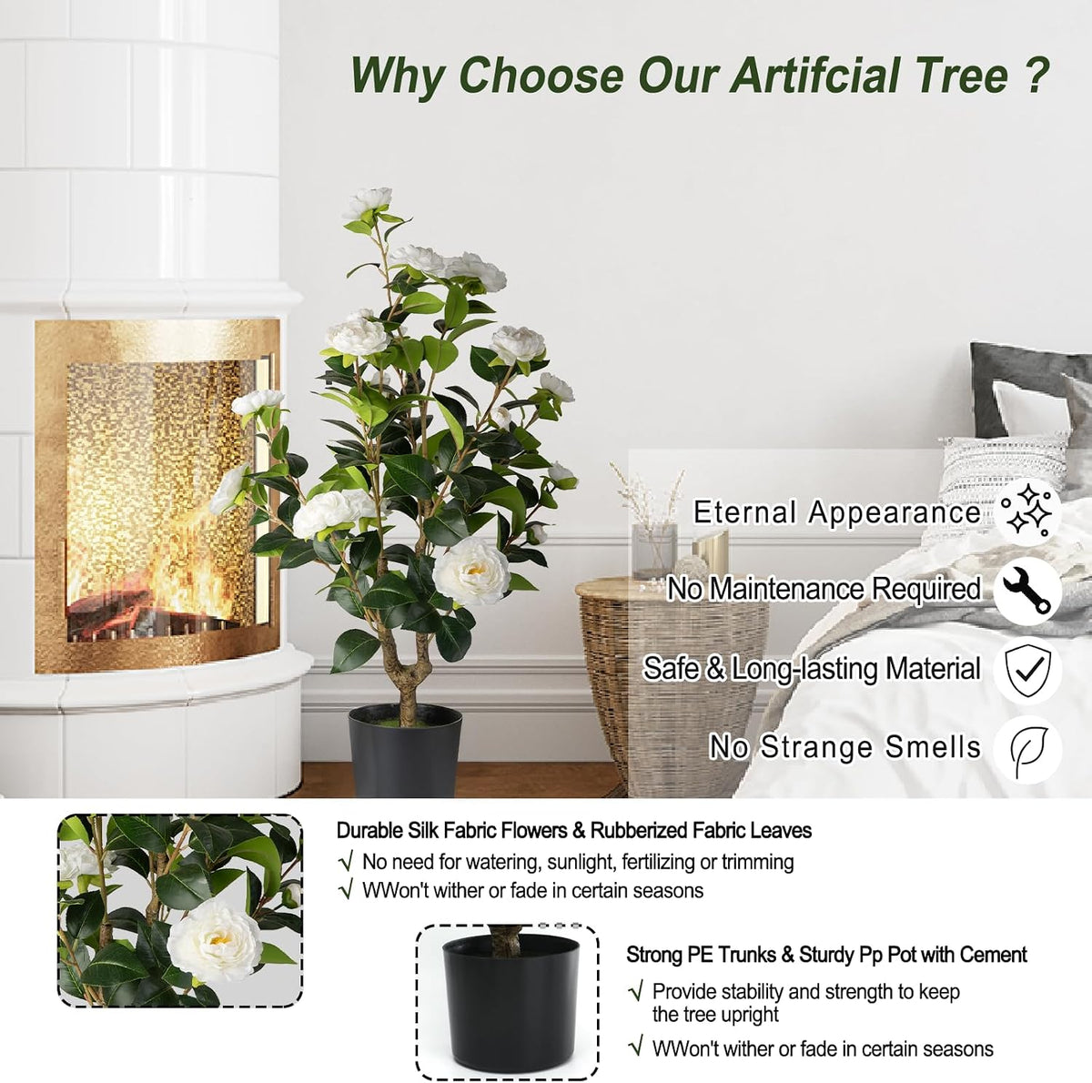 Artificial Camellia Tree 2 Pack - Realistic Camellia Plants in Pot with Orange Flowers, Lifelike Faux Greenery for Living Room, Patio, or Wedding, Orange
