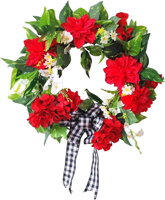 17.7 inch Artificial Spring Summer Wreaths, Red Geranium Wreath for Front Door, Outdoor Geranium Wreath Artificial Floral for Front Door Indoor Outdoor Home Farmhouse Decor