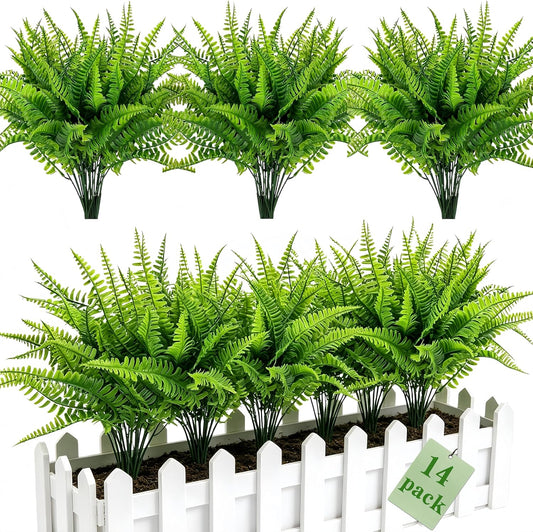 14 Bundles Artificial Ferns for Outdoor, Fake Persian Fern Greenery Shrubs, UV Resistant Faux Plants Outdoor Decor, Realistic Green Grass for Garden Porch Window Box Home Decor
