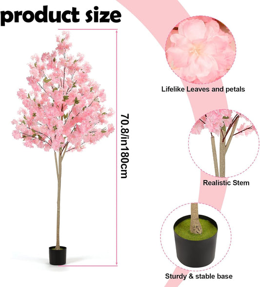 Artificial Cherry Blossom Tree, 6FT Pink Faux Sakura Tree with Pot, Realistic Silk Cherry Blossom Tree for Indoor Outdoor Home Office Garden Decor, Wedding Party Event Decoration, Faux Flower Tree