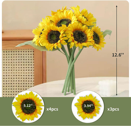 Realistic Silk Sunflowers Artificial Flowers,12.6''Fake Sunflowers with Adjustable Long Stem&Detachable Flower Head,Perfect for Home Decor,Wedding,DIY,Sunflowers Decoration for Indoor&Outdoor