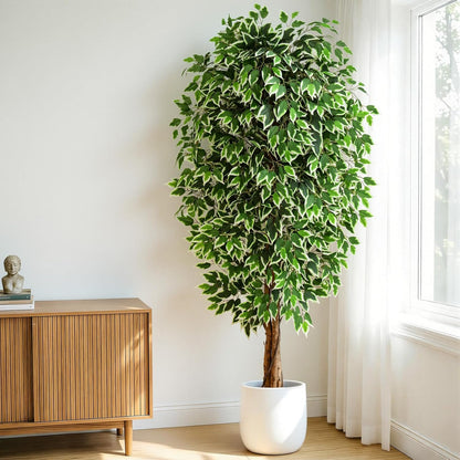 7ft Large Ficus Artificial Trees with Natural Curved Trunks, 84" Tall Lush Faux Tree for Home Decor Indoor, Green Lifelike Fake Ficus Tree 1pcs