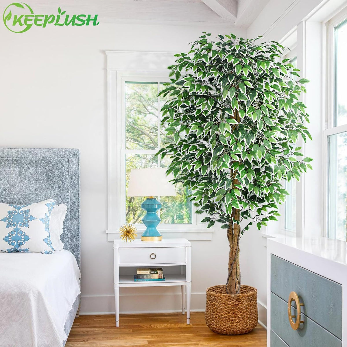 7ft Large Ficus Artificial Trees with Natural Curved Trunks, 84" Tall Lush Faux Tree for Home Decor Indoor, Green Lifelike Fake Ficus Tree 1pcs