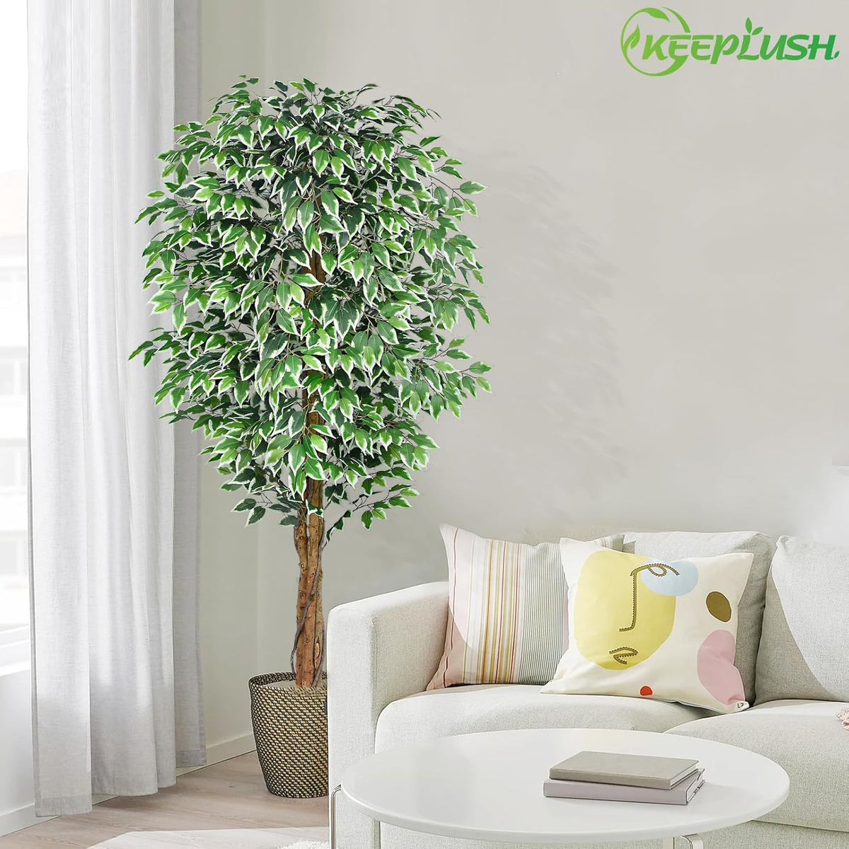7ft Large Ficus Artificial Trees with Natural Curved Trunks, 84" Tall Lush Faux Tree for Home Decor Indoor, Green Lifelike Fake Ficus Tree 1pcs