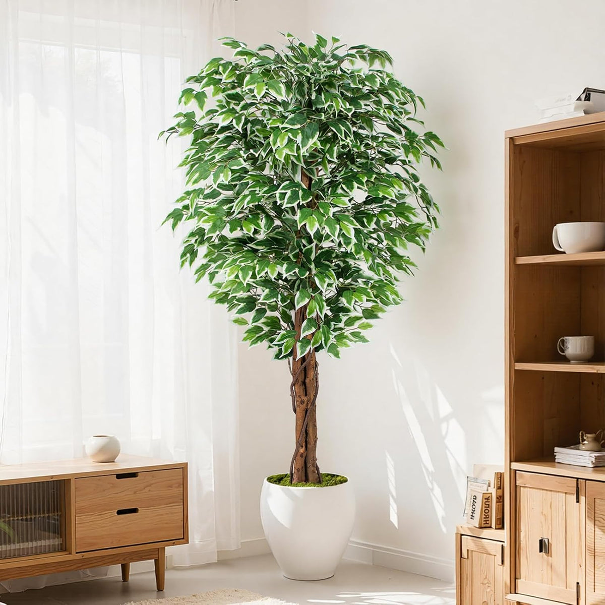 7ft Large Ficus Artificial Trees with Natural Curved Trunks, 84" Tall Lush Faux Tree for Home Decor Indoor, Green Lifelike Fake Ficus Tree 1pcs